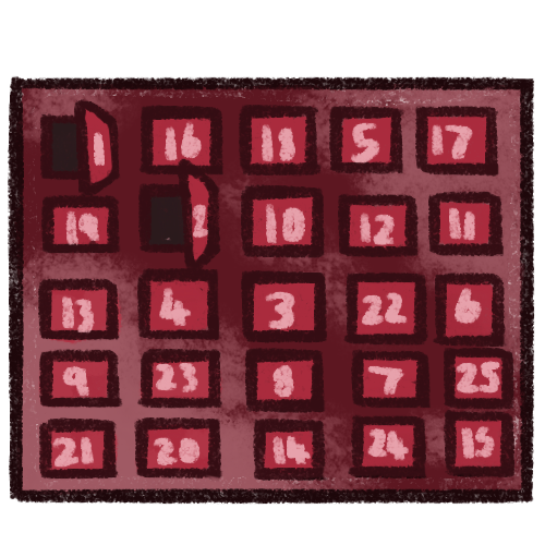 A red advent calendar. It is a box with lighter red doors on it. Each door has a light red number from 1 to 25 on it. The numbers on the doors are randomly placed and door 1 and 2 are open. 